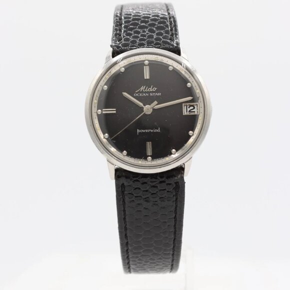 Vintage 33mm Mido Ocean Star Powerwind Men's Automatic Wristwatch Matte Black - Picture 1 of 5